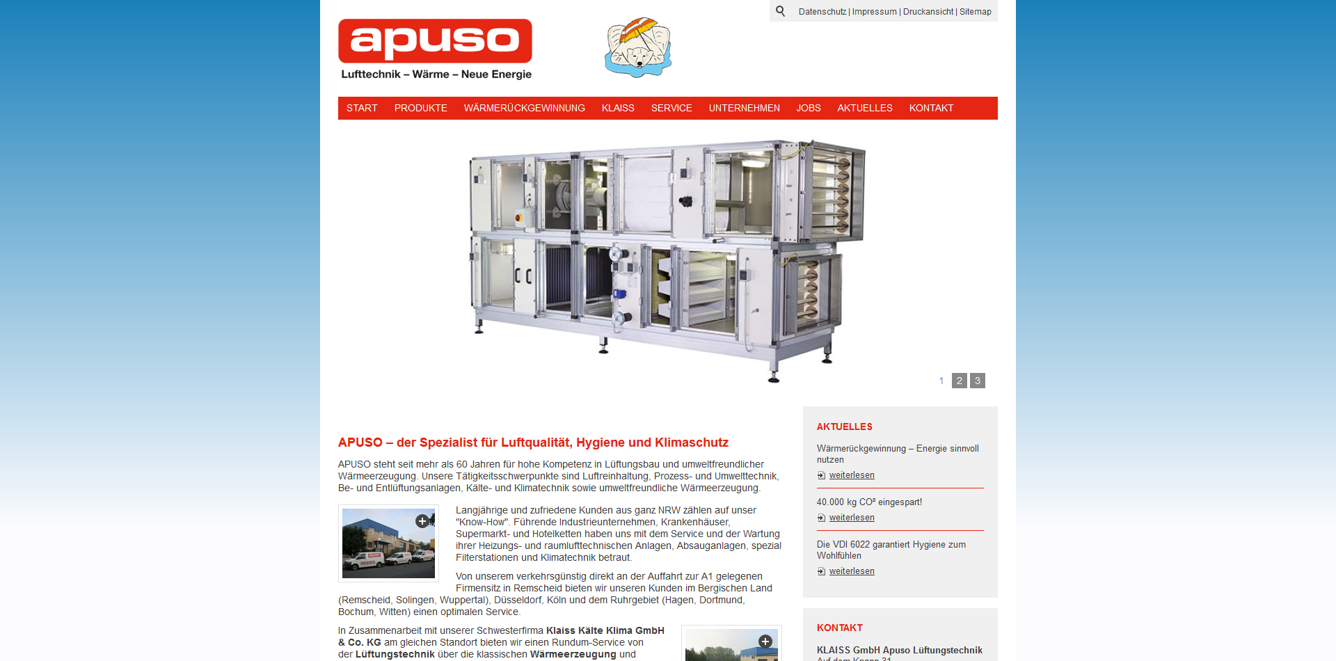 Internetauftritt der KLAISS GmbH APUSO Lüftungstechnik